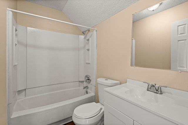 full bathroom with toilet, vanity, a textured ceiling, and shower / bathing tub combination