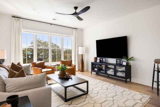 living area with light wood finished floors, ceiling fan, baseboards, and visible vents