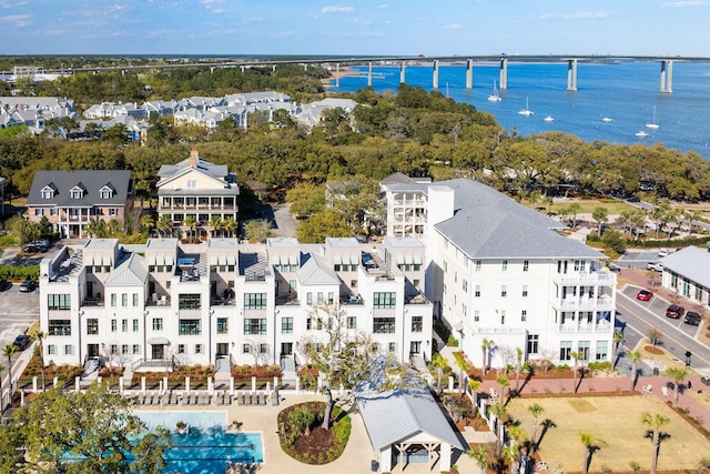 bird's eye view with a water view
