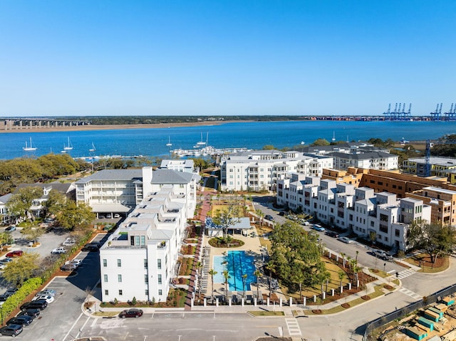 bird's eye view with a water view