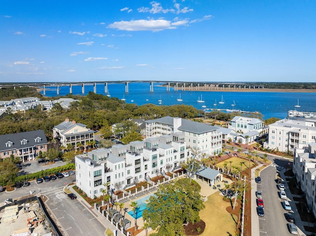birds eye view of property featuring a water view