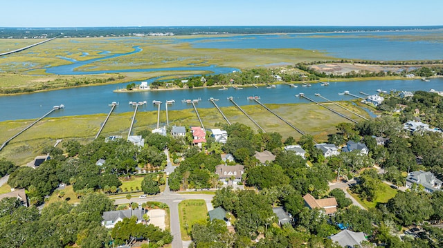 drone / aerial view with a water view