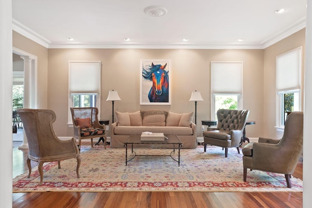 living room featuring ornamental molding, a healthy amount of sunlight, and light hardwood / wood-style floors