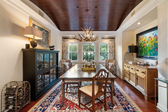 3121 Marshgate Dr, Seabrook Island, SC 29455 - dining room with a chandelier, dark wood finished floors, wooden ceiling, and a tray ceiling