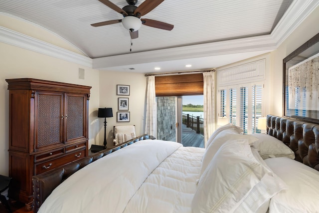 3121 Marshgate Dr, Seabrook Island, SC 29455 - bedroom with access to outside, vaulted ceiling, crown molding, recessed lighting, and ceiling fan