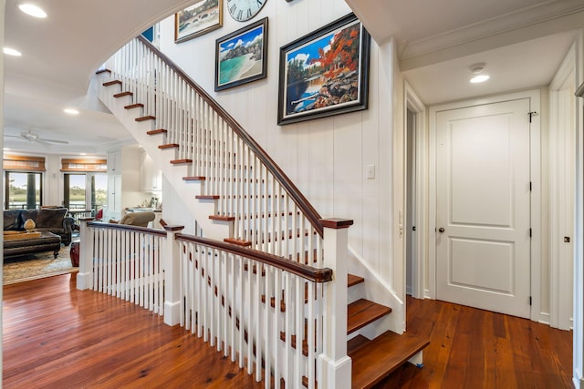3121 Marshgate Dr, Seabrook Island, SC 29455 - stairway with hardwood / wood-style flooring, ornamental molding, a ceiling fan, and recessed lighting
