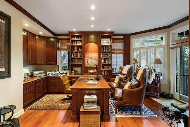 3121 Marshgate Dr, Seabrook Island, SC 29455 - office featuring crown molding, light wood-style floors, and recessed lighting