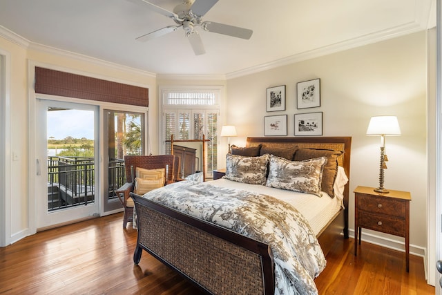 3121 Marshgate Dr, Seabrook Island, SC 29455 - bedroom featuring ornamental molding, access to outside, wood finished floors, and ceiling fan