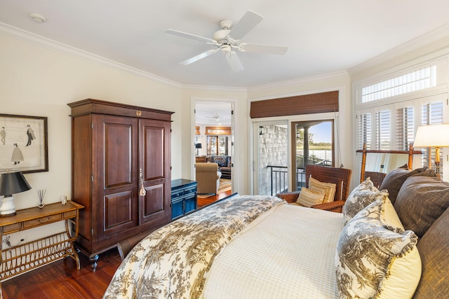 3121 Marshgate Dr, Seabrook Island, SC 29455 - bedroom featuring access to exterior, dark wood-style flooring, ornamental molding, and ceiling fan