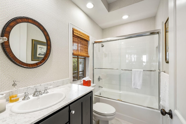 3121 Marshgate Dr, Seabrook Island, SC 29455 - bathroom with vanity, shower / bath combination with glass door, recessed lighting, and wallpapered walls