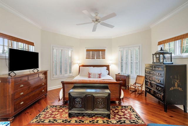 3121 Marshgate Dr, Seabrook Island, SC 29455 - bedroom with ornamental molding, wood finished floors, and ceiling fan