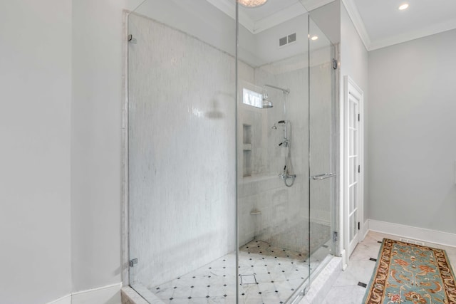 bathroom featuring recessed lighting, visible vents, baseboards, a shower stall, and crown molding