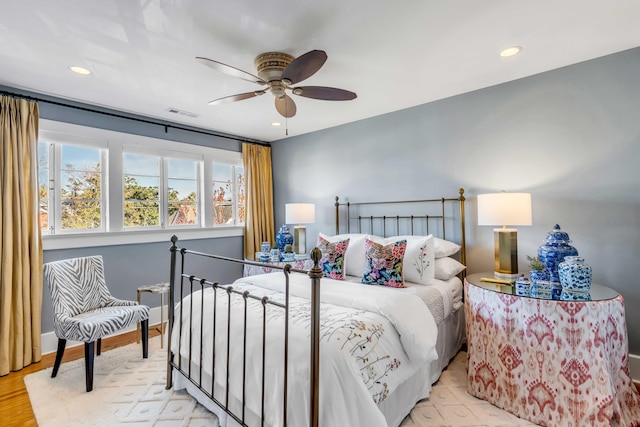 bedroom with ceiling fan, light wood-style flooring, recessed lighting, visible vents, and baseboards