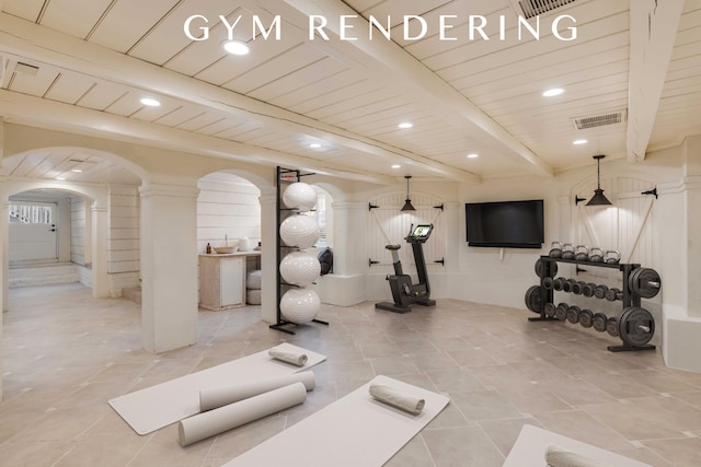 exercise area featuring wood ceiling, visible vents, arched walkways, and recessed lighting