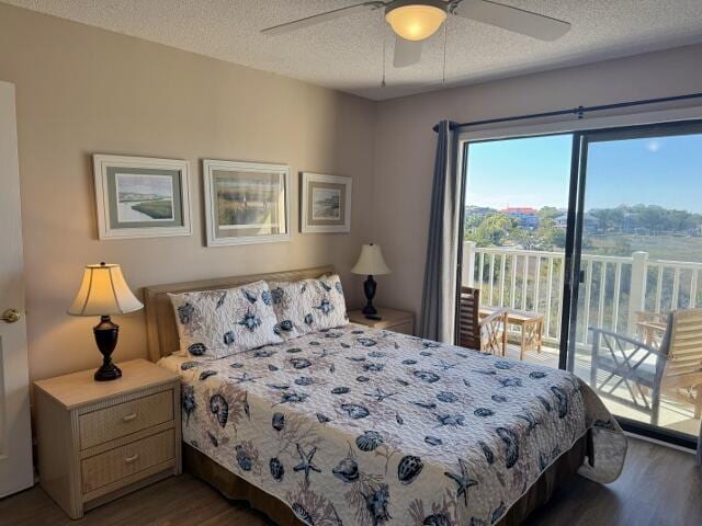 bedroom with a textured ceiling, access to outside, ceiling fan, and hardwood / wood-style flooring