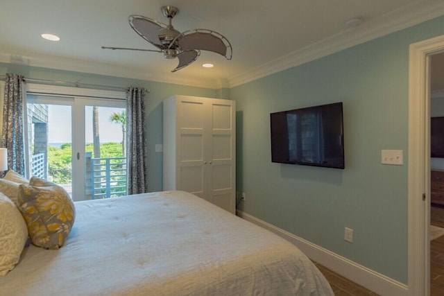 bedroom with recessed lighting, a ceiling fan, baseboards, access to outside, and crown molding