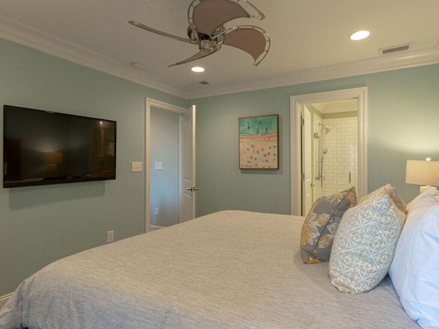 bedroom featuring a ceiling fan, recessed lighting, visible vents, and crown molding