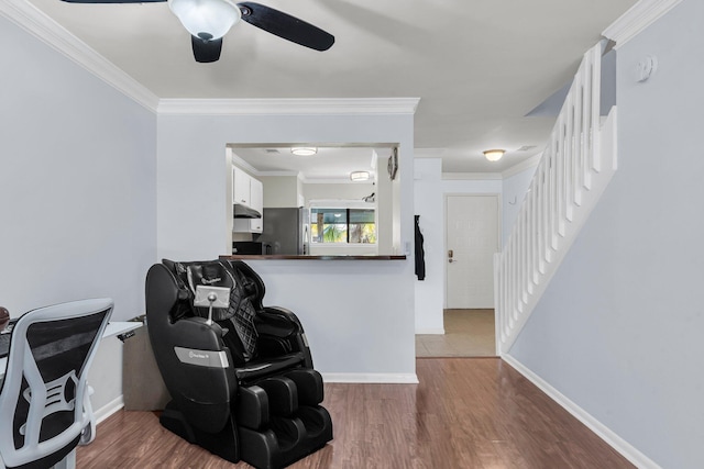 1120 Hidden Cove Dr Unit I, Mount Pleasant, SC 29464 - sitting room featuring wood finished floors, ceiling fan, crown molding, and stairs