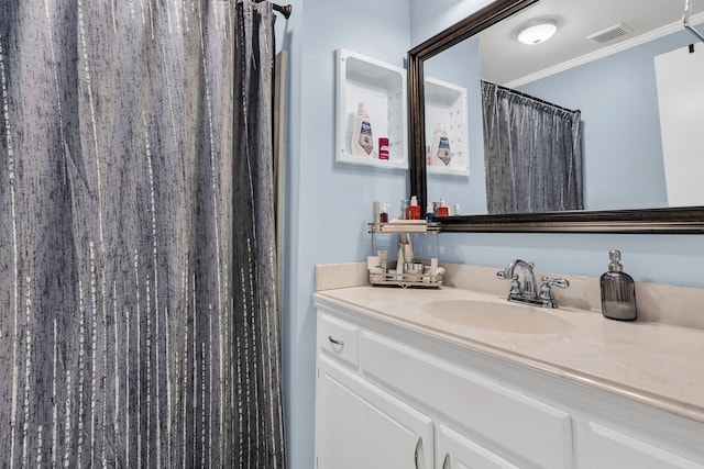 1120 Hidden Cove Dr Unit I, Mount Pleasant, SC 29464 - bathroom featuring vanity, ornamental molding, and a shower with curtain