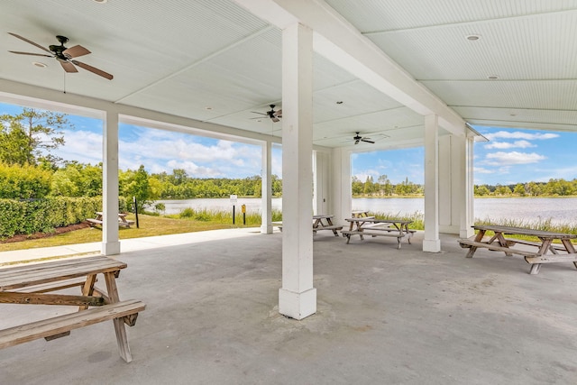 view of patio with a water view