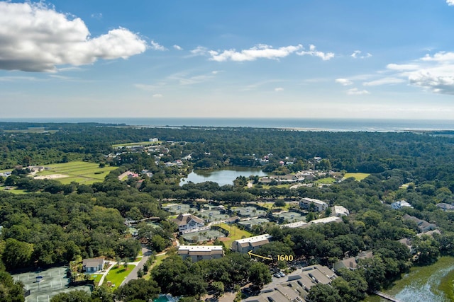 drone / aerial view featuring a water view