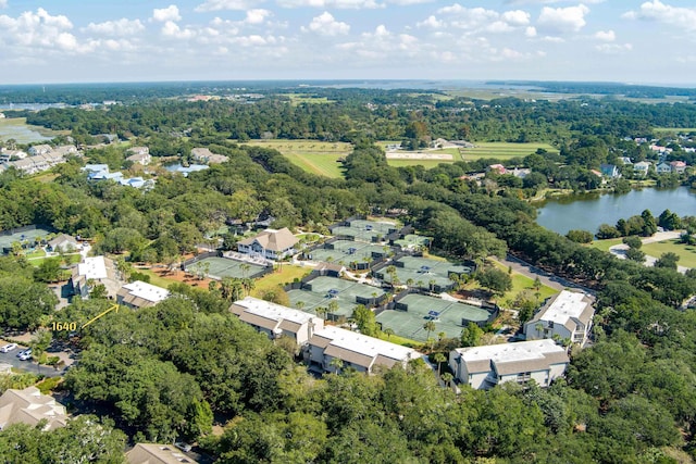 drone / aerial view featuring a water view