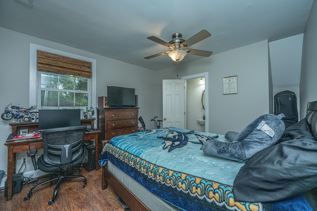 bedroom with ensuite bath, wood-type flooring, and ceiling fan