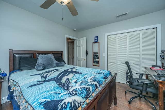 bedroom with a closet, wood-type flooring, and ceiling fan