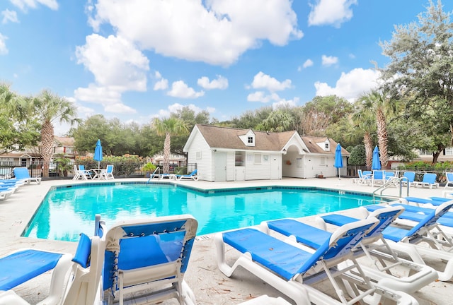 view of swimming pool featuring a patio area