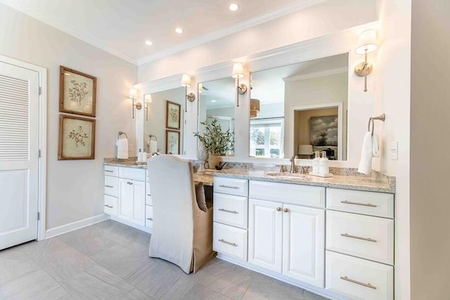 full bath with baseboards, crown molding, recessed lighting, and vanity