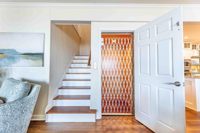 stairway with wood finished floors