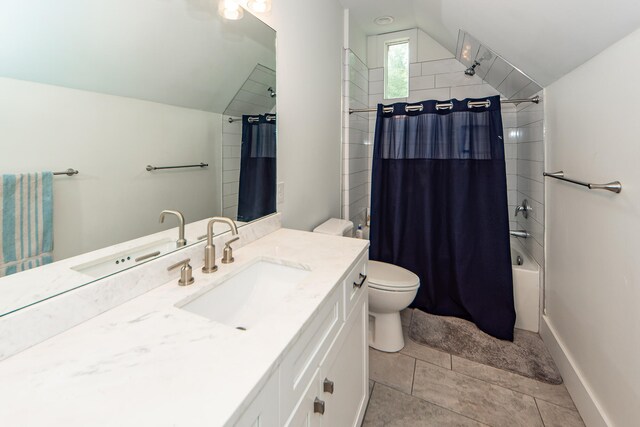 full bathroom with vanity, toilet, tile patterned floors, shower / bathtub combination with curtain, and lofted ceiling