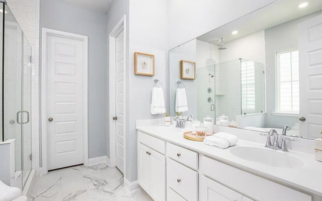 774 Clay Field Trl, Summerville, SC 29485 - full bathroom featuring a shower stall, marble look tile flooring, recessed lighting, double vanity, and baseboards