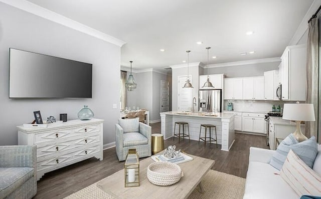 774 Clay Field Trl, Summerville, SC 29485 - living room with dark wood-style flooring, crown molding, recessed lighting, and baseboards