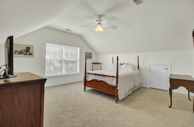 bedroom featuring light colored carpet, a ceiling fan, baseboards, vaulted ceiling, and visible vents