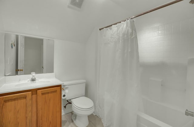 full bath with visible vents, toilet, tile patterned floors, vaulted ceiling, and vanity