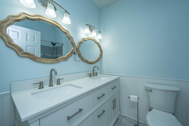 bathroom with vanity, toilet, and walk in shower