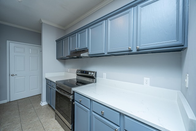 kitchen featuring ornamental molding, light tile patterned flooring, gray cabinetry, and stainless steel electric range oven