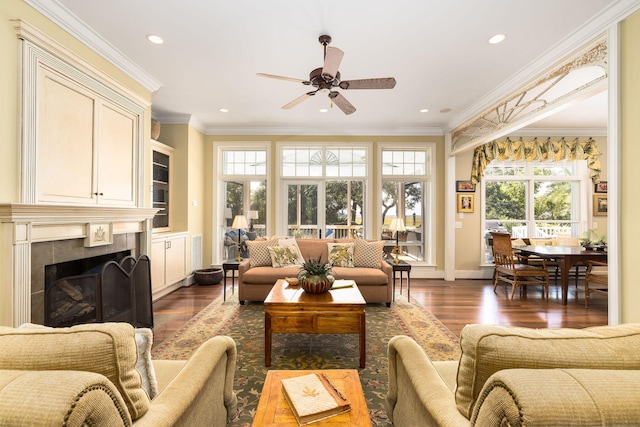 living room with crown molding, ceiling fan, plenty of natural light, and dark hardwood / wood-style flooring