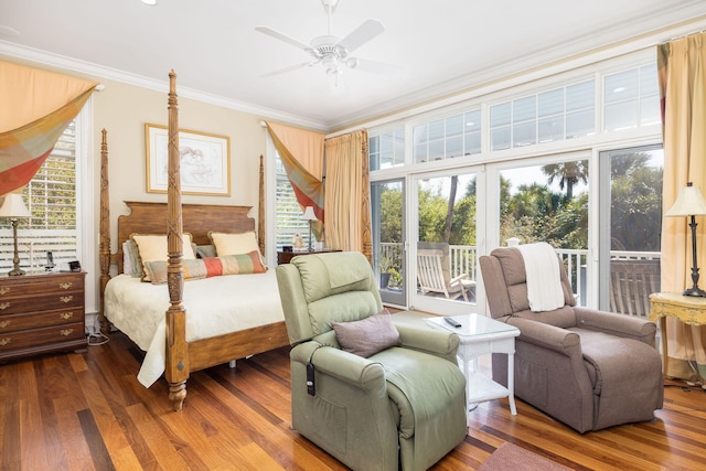 bedroom with crown molding, access to exterior, dark hardwood / wood-style floors, and ceiling fan