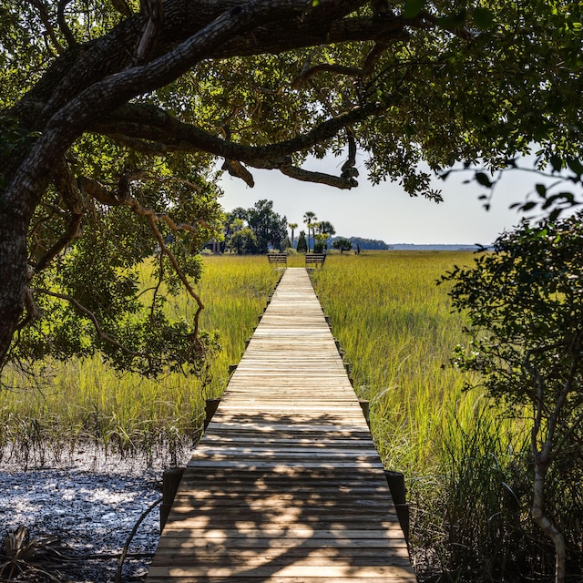 view of dock with a rural view