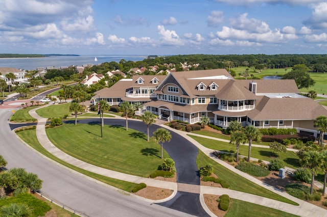 drone / aerial view featuring a water view