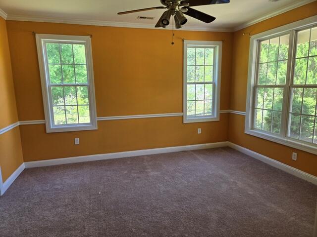 carpeted spare room with ornamental molding and ceiling fan