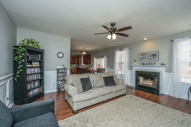 living room featuring ceiling fan and dark hardwood / wood-style floors