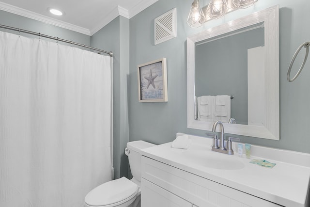 bathroom featuring walk in shower, ornamental molding, toilet, and vanity