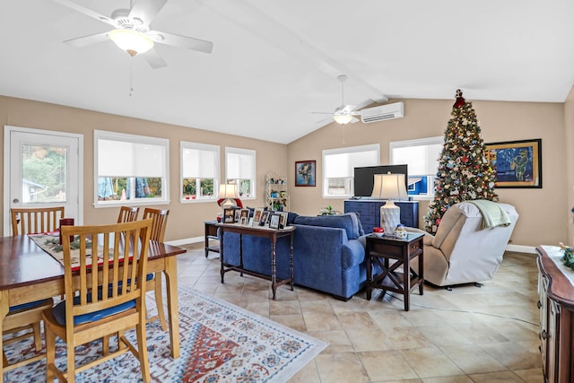 tiled living room featuring lofted ceiling with beams, ceiling fan, and a wall unit AC