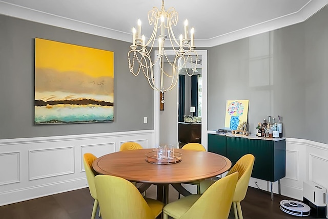 dining room with an inviting chandelier and ornamental molding