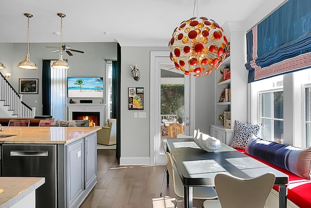 dining room featuring ceiling fan, built in features, and dark wood-type flooring