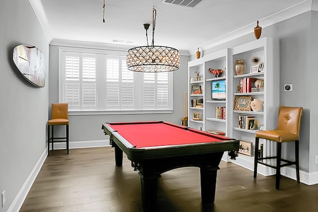 rec room with plenty of natural light, crown molding, and billiards