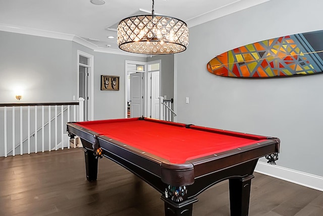 playroom with dark hardwood / wood-style flooring, ornamental molding, and pool table